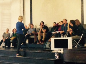 Liz Gerring discussing her work with the participants before a rehearsal showing